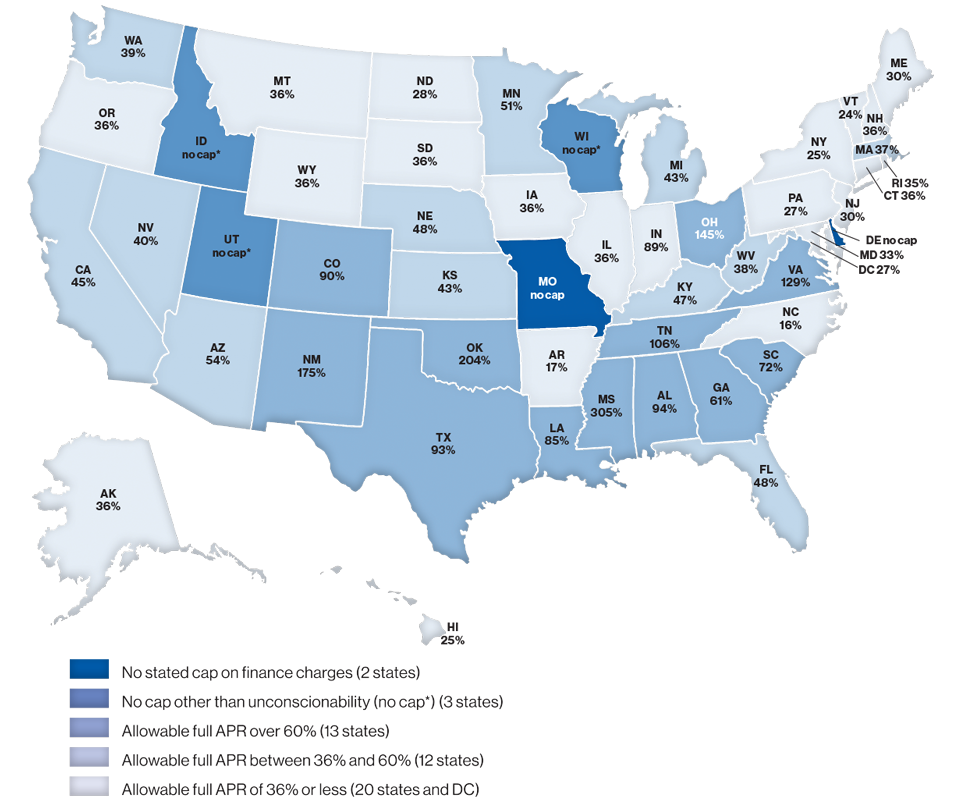 Map of the United States showing the percentage cap on APRs for 6-month $500 Installment Loans by state