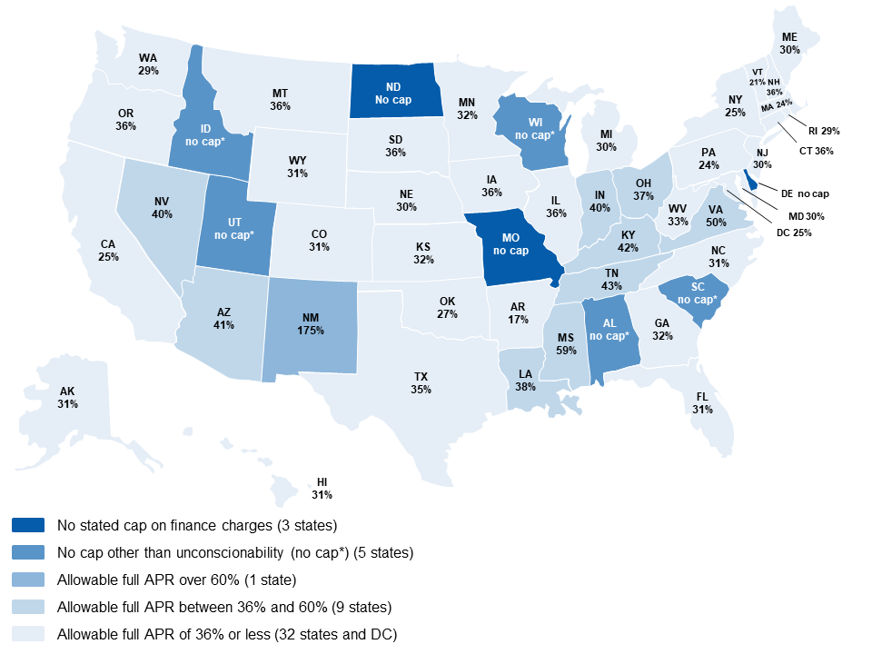 Map of the United States showing the percentage cap on APRs for two-year $2000 Installment Loans by state